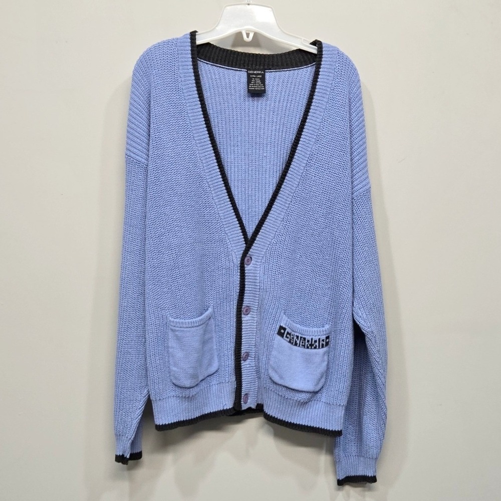 VTG‎ 90s Men's Cardigan Sweater XL Blue Slouchy Baggy Pockets Academia Preppy